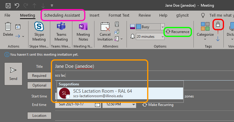 Outlook meeting request window