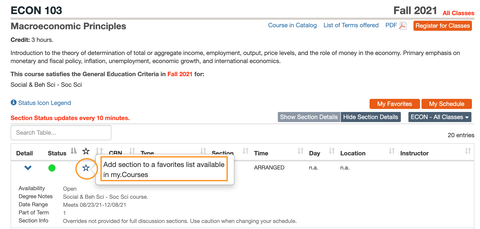 A listing for ECON 103 (Macroeconomics) with a circle around a start and text about adding the class to favorites highlighted